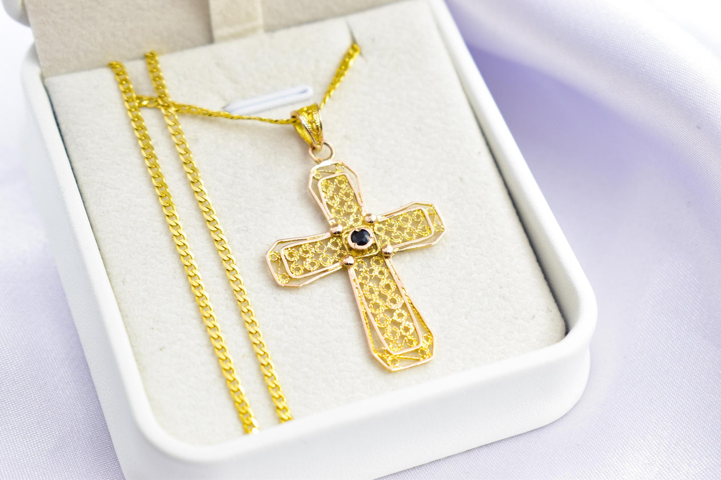 γυναικα Byzantine 14K Gold Cross with Natural Sapphire | Handmade Filigree Orthodox Pendant | Baptism Gift | Unisex Necklace with Optional 14K Chain