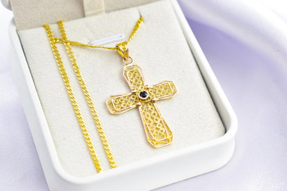 γυναικα Byzantine 14K Gold Cross with Natural Sapphire | Handmade Filigree Orthodox Pendant | Baptism Gift | Unisex Necklace with Optional 14K Chain