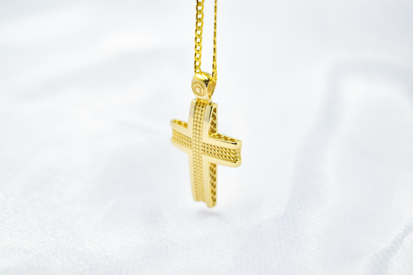 Ανδρικοί Σταυροί 14K Gold Polished Cross Pendant with Textured Center | Elegant Double-Sided Design | Men’s & Women’s Necklace Option , Baptism Gift