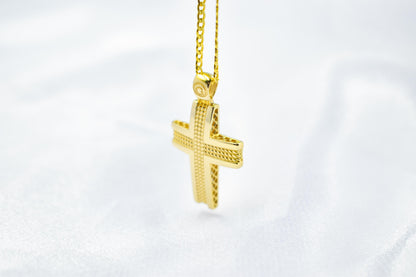 Ανδρικοί Σταυροί 14K Gold Polished Cross Pendant with Textured Center | Elegant Double-Sided Design | Men’s & Women’s Necklace Option , Baptism Gift