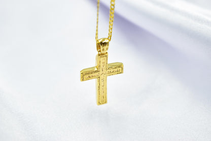 Ανδρικοί Σταυροί 9K Solid Gold Cross Pendant with 14K Chain – Double-Sided Hammered & Polished Cross – Christian Necklace for Men or Women – Baptism Gift
