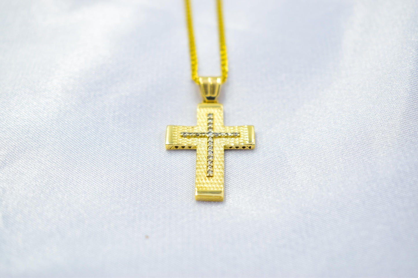 γυναικα 14K Gold Textured Cross Pendant with White Zircon Stones | Reversible Design | Elegant Christian Jewellery for Men  Women,Orthodox Cross