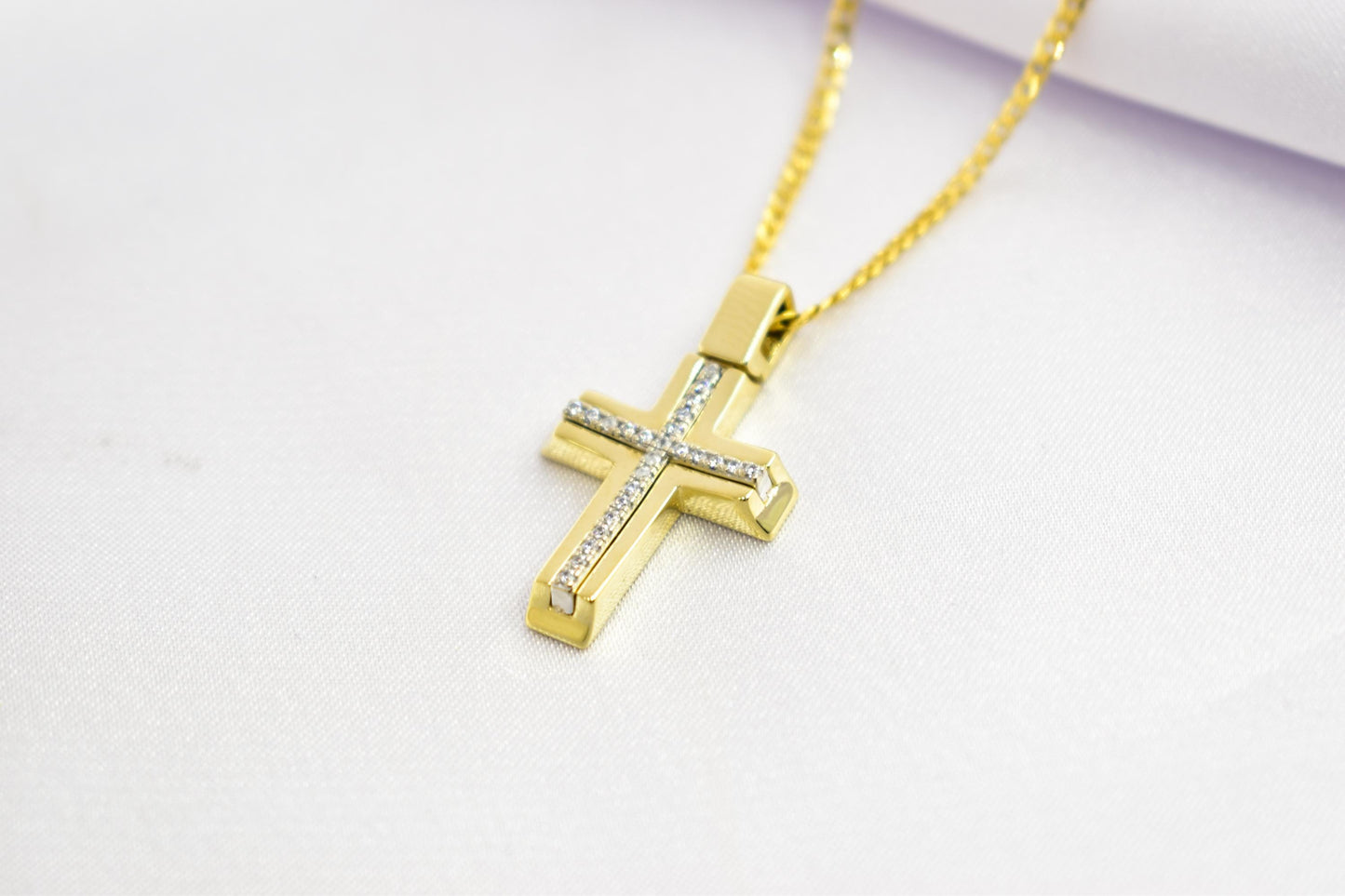 γυναικα 14K Gold Cross Necklace with Cubic Zirconia, Real Gold Religious Pendant, Orthodox Cross Jewelry Gift for Men & Women