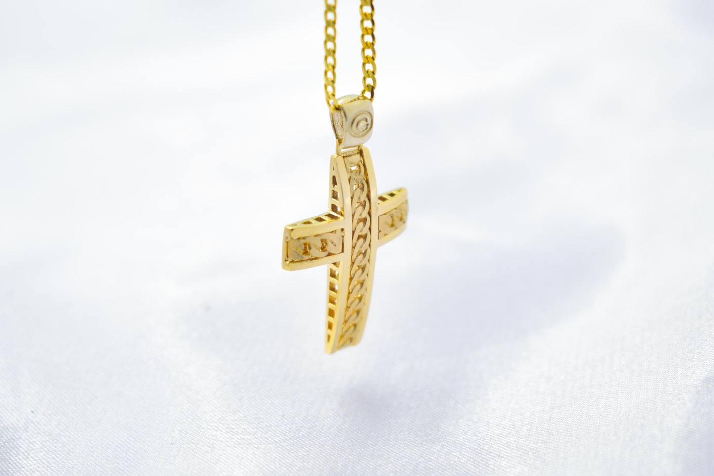 Ανδρικοί Σταυροί 14K Gold Solid Cross Pendant with Cuban Chain Design | Reversible Design | Handmade Christian Jewellery,Men’s & Women’s Option ,Baptism Gift