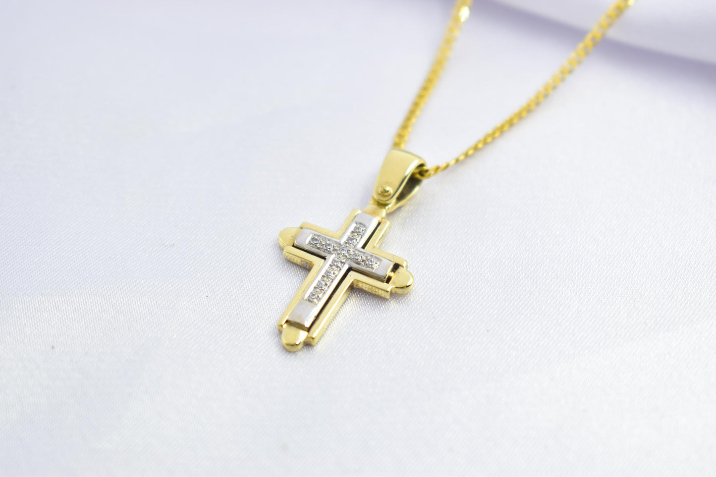 γυναικα 14K Solid Gold Cross Pendant White Zircon Stones,Two-Tone Yellow-White Gold Finish,Optional 14K Chain,Elegant Christian Gift for Men & Women