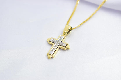 γυναικα 14K Solid Gold Cross Pendant White Zircon Stones,Two-Tone Yellow-White Gold Finish,Optional 14K Chain,Elegant Christian Gift for Men & Women