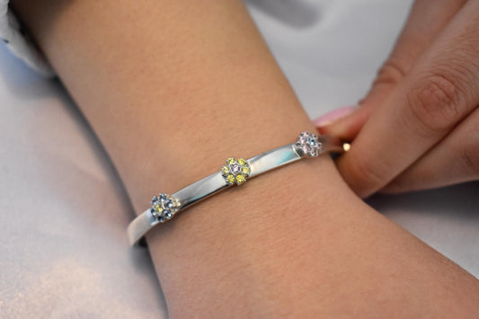14K White Solid Gold Bracelet with Flower Zircons,Birthstone Bangle for Women,Wedding & Engagement Bracelet,Gold Flower Bracelet for Her