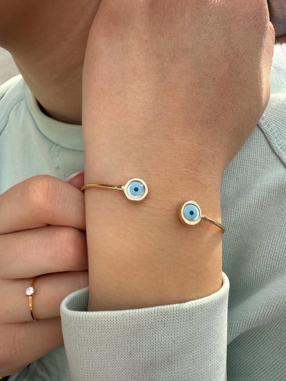 14K Gold Evil Eye Bracelet,Bangle Mother of Pearl Evil Eye,Lucky Bracelet,Eye Bangle,Protective Gift for Everyday Use,Perfect Gift for Her
