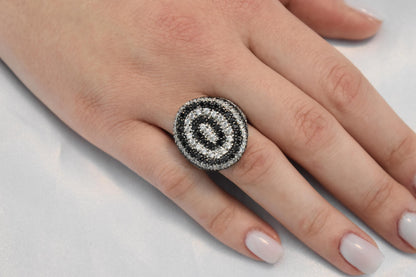 14K Solid White Gold Ring,White and Black Zircon,Wedding & Engagement Ring,Statement Ring,Ring for Mom and Her