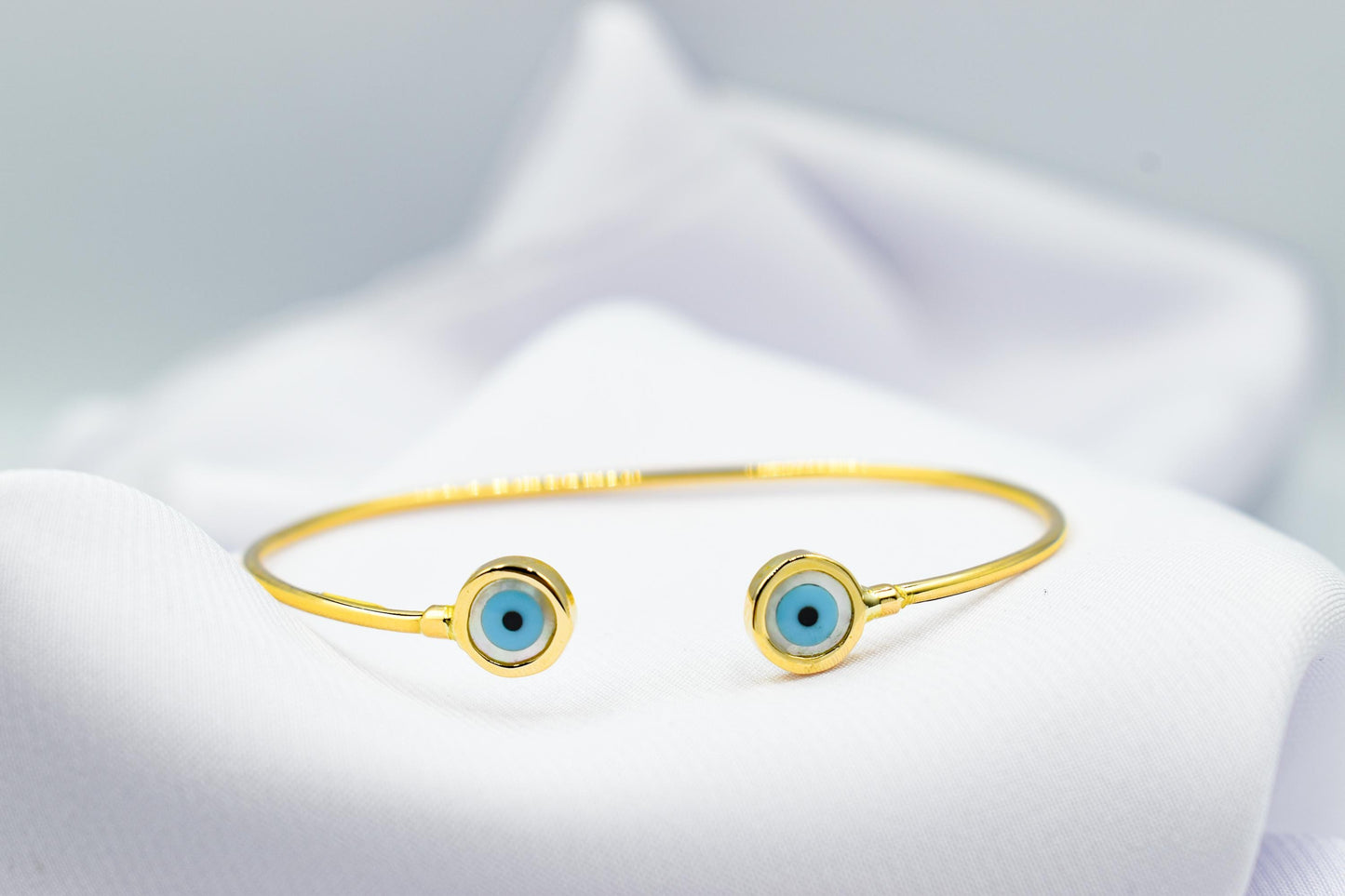 14K Gold Evil Eye Bracelet,Bangle Mother of Pearl Evil Eye,Lucky Bracelet,Blue Eye Bangle,Protective Gift for Everyday Use,Gold Eye Bracelet