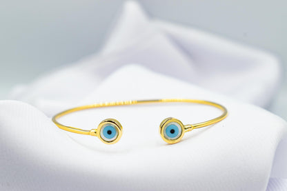 14K Gold Evil Eye Bracelet,Bangle Mother of Pearl Evil Eye,Lucky Bracelet,Blue Eye Bangle,Protective Gift for Everyday Use,Gold Eye Bracelet