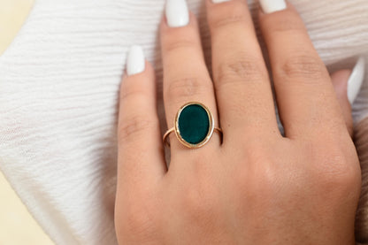 Χειροποίητο Οβάλ Δαχτυλίδι με Πράσινο Σμάλτο Κ14