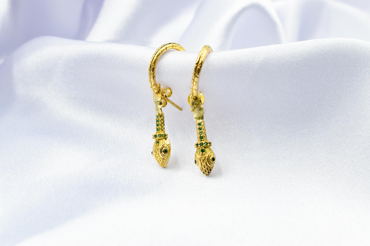 14K Gold Snake Bracelet with Green Zircons-Serpent-Inspired Luxury Jewelry-Unique Gift for Mom & Her-Handcrafted Serpent Bracelet