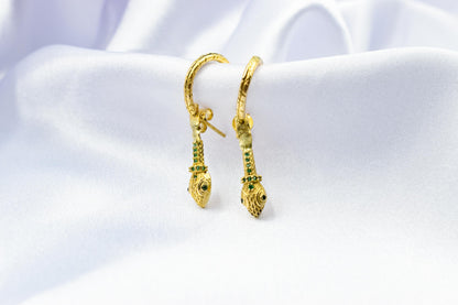 14K Gold Snake Bracelet with Green Zircons-Serpent-Inspired Luxury Jewelry-Unique Gift for Mom & Her-Handcrafted Serpent Bracelet