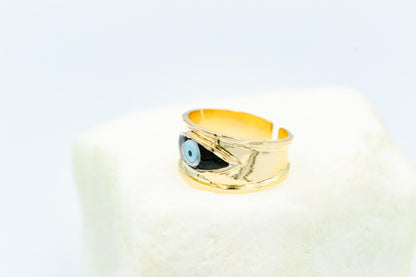 Χειροποίητο Δαχτυλίδι με Μαύρο Σμάλτο Μάτι Κ14 - Αυξομειούμενο