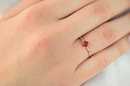 14K Solid Gold Thin Minimalist Ring–Square Deep Pink Zircon,Stackable Jewellery Gold Ring,14K Wedding & Engagement Stacking Ring for Her