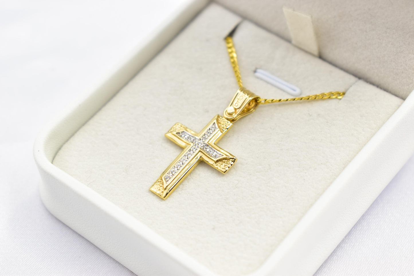 γυναικα 14K Solid Gold Cross Pendant with Zircon Stones – Unisex Baptism Religious Necklace Gift for Him or Her