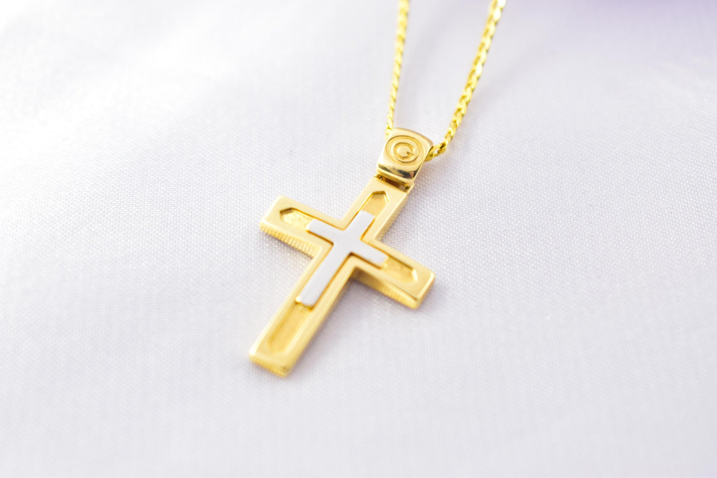 Ανδρικοί Σταυροί14K Gold Double Cross Pendant with Chain,Elegant Reversible Design,Unisex Christian Jewellery Men’s & Women’s Necklace Option,Baptism Gift