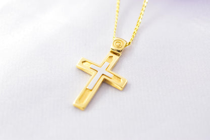 Ανδρικοί Σταυροί14K Gold Double Cross Pendant with Chain,Elegant Reversible Design,Unisex Christian Jewellery Men’s & Women’s Necklace Option,Baptism Gift