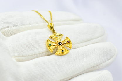 Βυζαντινός Στρογγυλός Σταυρός με πολύχρωμα Ζιργκόν Κ14