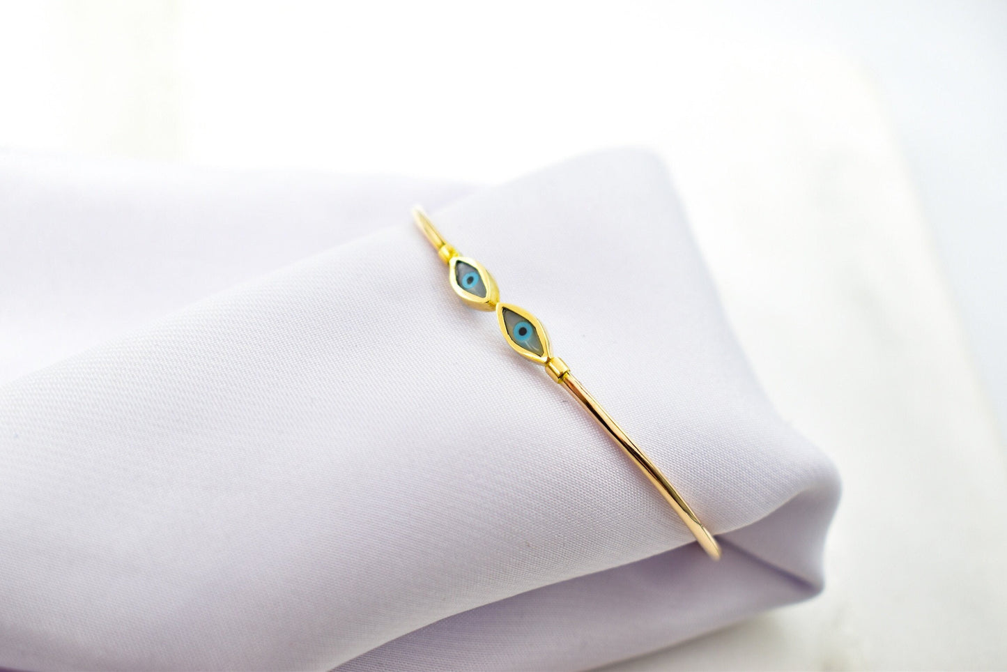 14K Gold Evil Eye Bracelet,Mother of Pearl Evil Eye,Lucky Bracelet,Blue Eye Bangle,Protective Gift for Everyday,Gold Gift for Mom & Her