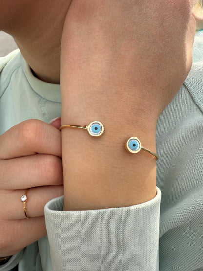 14K Gold Evil Eye Bracelet,Bangle Mother of Pearl Evil Eye,Lucky Bracelet,Eye Bangle,Protective Gift for Everyday Use,Perfect Gift for Her