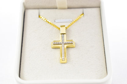 γυναικα 14K Gold Cross Necklace with Cubic Zirconia, Real Gold Religious Pendant, Orthodox Cross Jewelry Gift for Men & Women