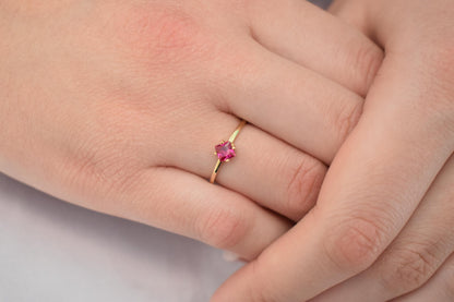 14K Solid Gold Thin Minimalist Ring–Square Deep Pink Zircon,Stackable Jewellery Gold Ring,14K Wedding & Engagement Stacking Ring for Her