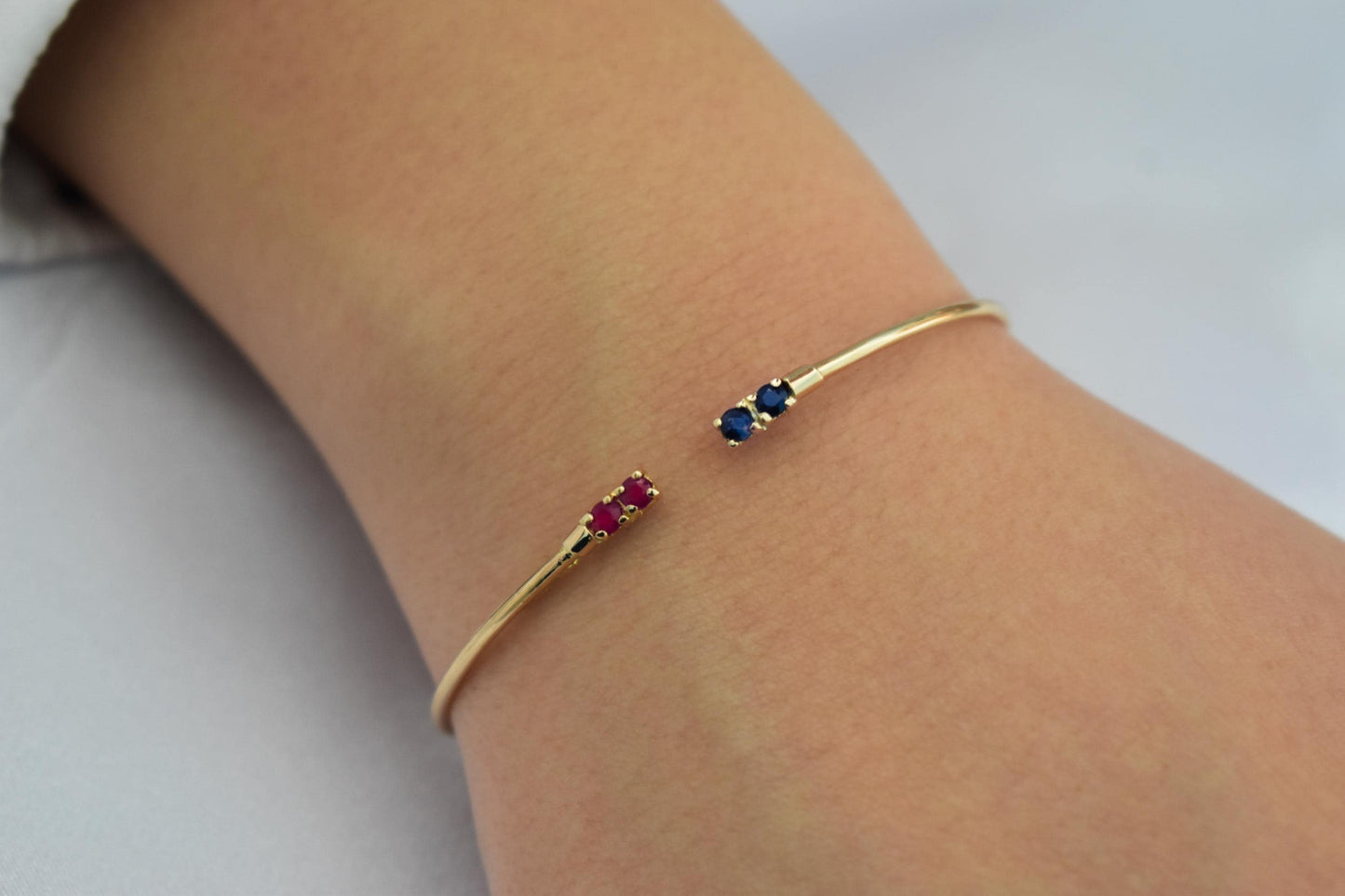 14K Gold Birthstone Cuff Bangle Bracelet,Natural Ruby and Sapphire Bracelet,Exclusive Minimalist Bracelet,Wedding & Engagement Gift for Her