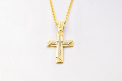 γυναικα 14K Solid Gold Cross Pendant with Zircon Stones – Unisex Baptism Religious Necklace Gift for Him or Her