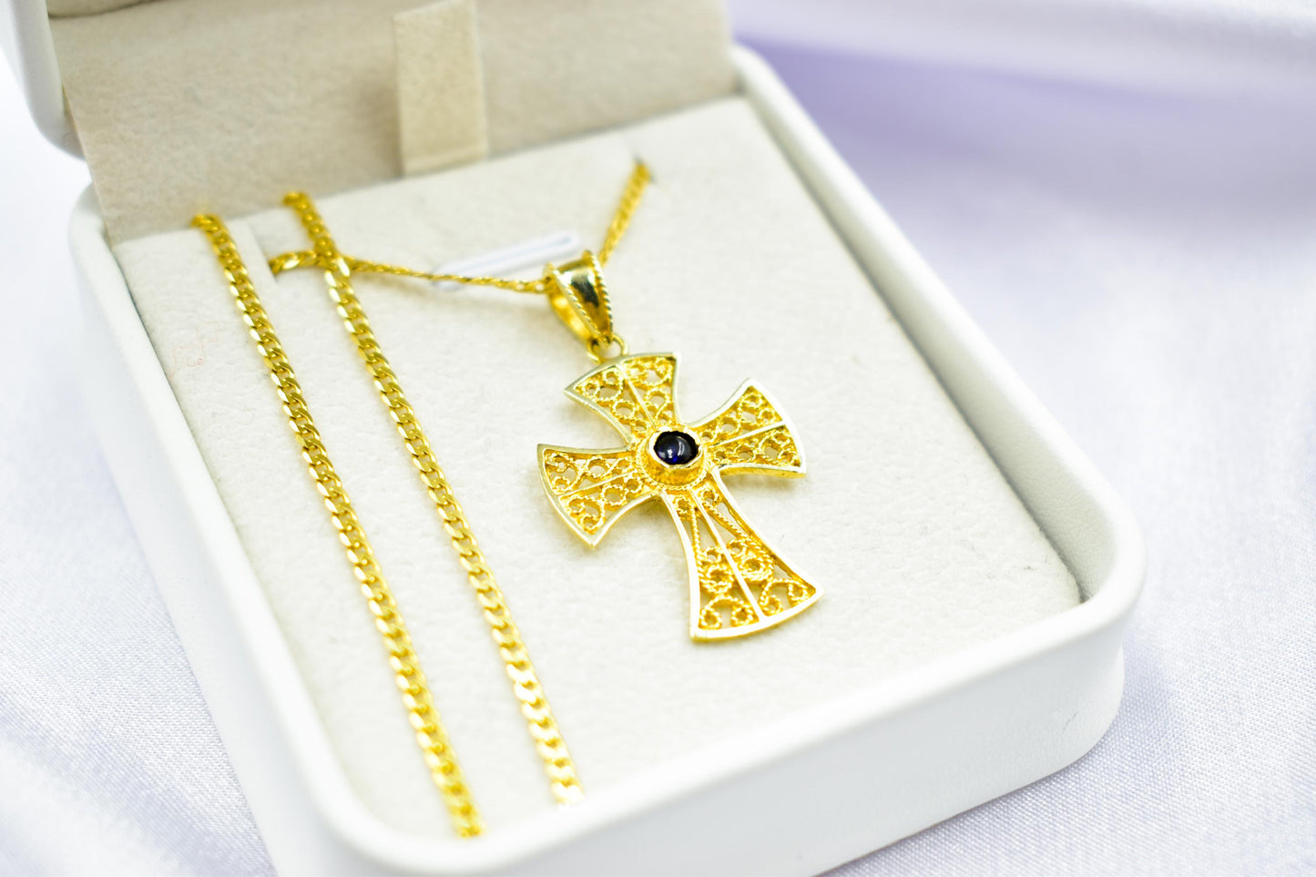 γυναικα Byzantine 14K Gold Cross with Natural Sapphire | Handmade Filigree Orthodox Pendant | Baptism Gift | Unisex Necklace with Optional 14K Chain