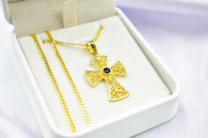 γυναικα Byzantine 14K Gold Cross with Natural Sapphire | Handmade Filigree Orthodox Pendant | Baptism Gift | Unisex Necklace with Optional 14K Chain