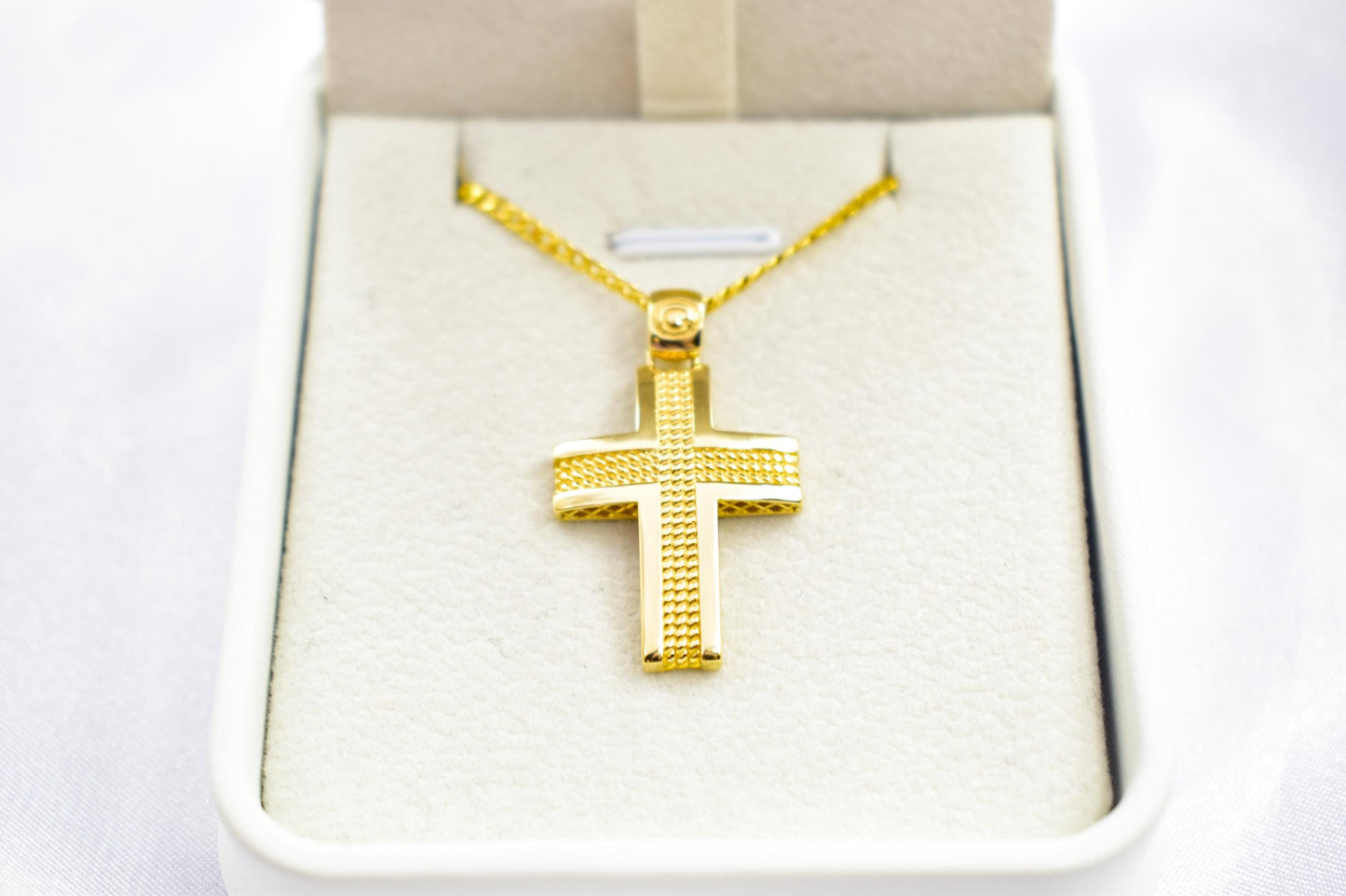 Ανδρικοί Σταυροί 14K Gold Polished Cross Pendant with Textured Center | Elegant Double-Sided Design | Men’s & Women’s Necklace Option , Baptism Gift
