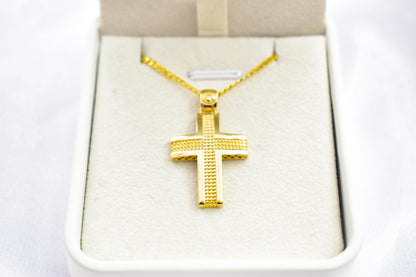 Ανδρικοί Σταυροί 14K Gold Polished Cross Pendant with Textured Center | Elegant Double-Sided Design | Men’s & Women’s Necklace Option , Baptism Gift