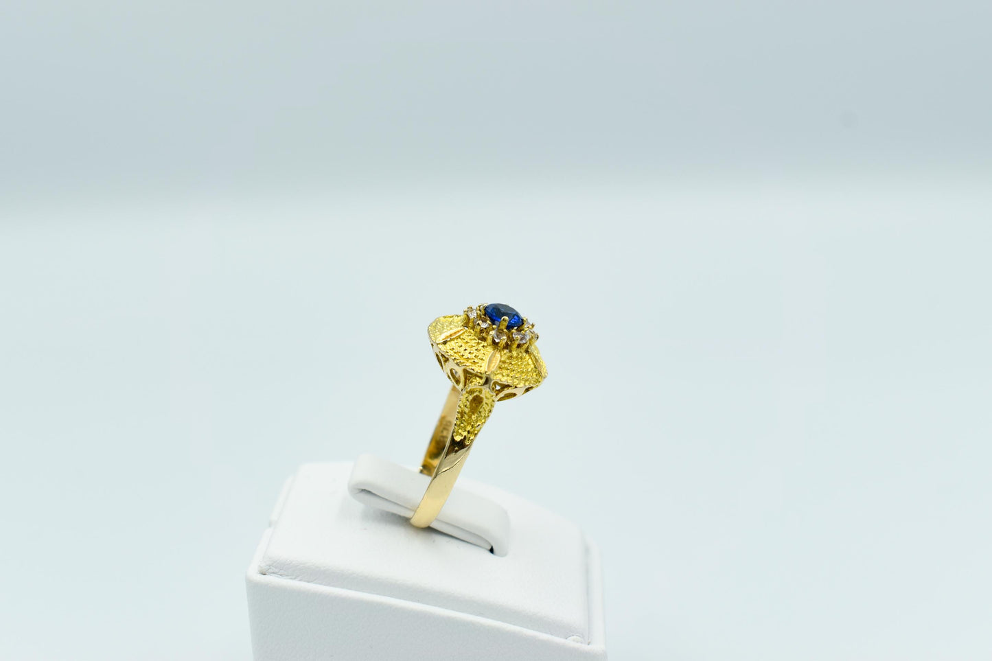 14K Solid Gold Ring with Blue and White Zirccon Accents,Circular Pyramid Style,Handcrafted Jewelry,Luxury Accessories,Exclusive Greek Ring