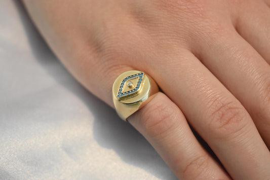 14K Solid Gold Evil Eye Ring,Turquoise Gold Ring,Stackable Jewellery,14K Wedding Stacking Ring,14K Amethyst Ring,Evil Eye Gold Ring for Her