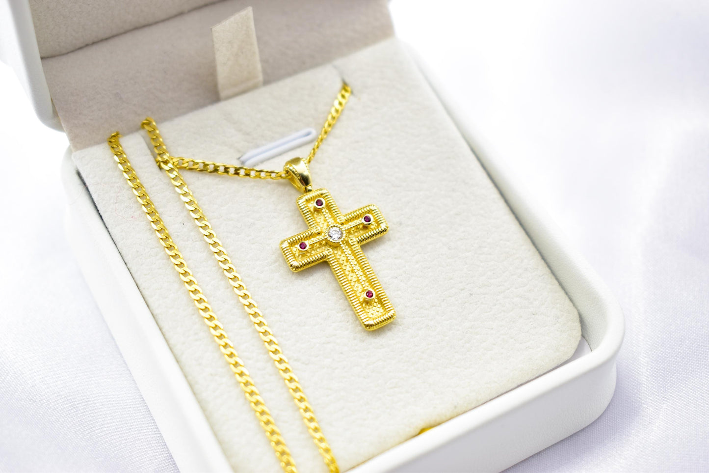 γυναικα 14K Gold Orthodox Cross Pendant with Red & White Zircons | Double-Sided Design,Handmade Religious Jewellery | Baptism Gift Ready, 14K Chain
