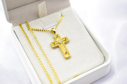 γυναικα 14K Gold Orthodox Cross Pendant with Red & White Zircons | Double-Sided Design,Handmade Religious Jewellery | Baptism Gift Ready, 14K Chain