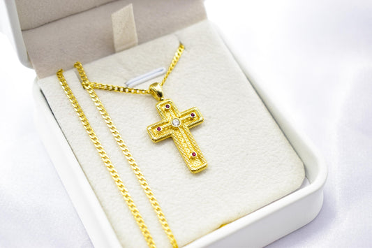 γυναικα 14K Gold Orthodox Cross Pendant with Red & White Zircons | Double-Sided Design,Handmade Religious Jewellery | Baptism Gift Ready, 14K Chain