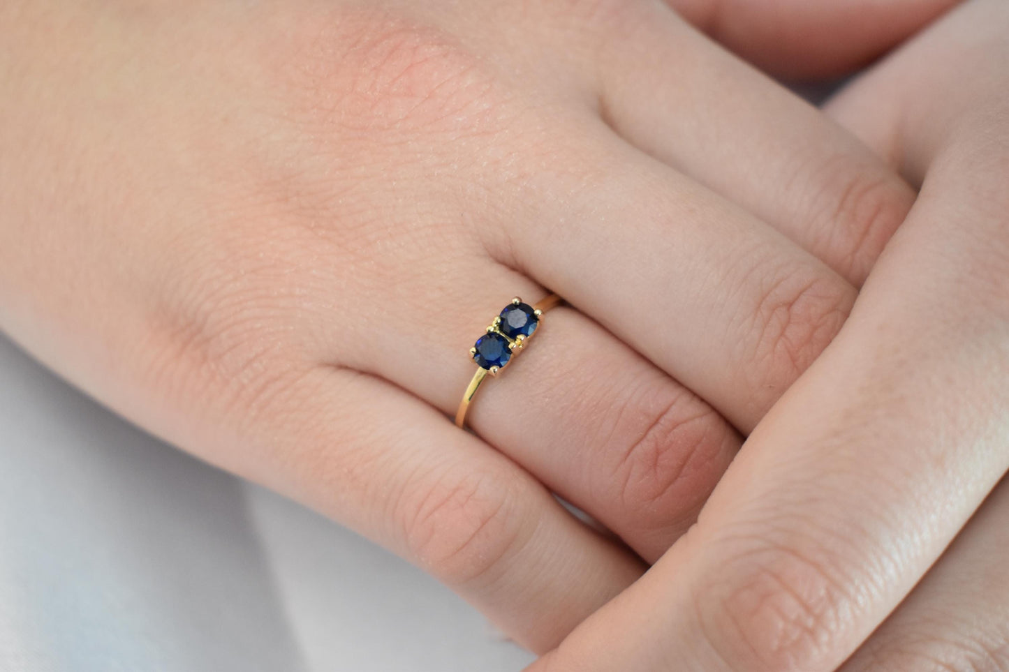 14K Solid Gold Thin Minimalist Ring–Two Round Dark Blue Zircons,Stackable Jewellery Ring,Gold Band,Wedding & Engagement Minimal Ring for Her