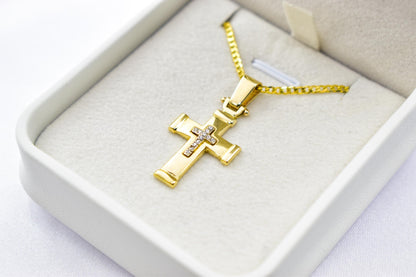 γυναικα 14K Solid Gold Cross Pendant with Sparkling Zircon Inner Cross,Orthodox-Inspired Design,Optional 14K Chain,Women’s Men’s Cross,Baptism Gift