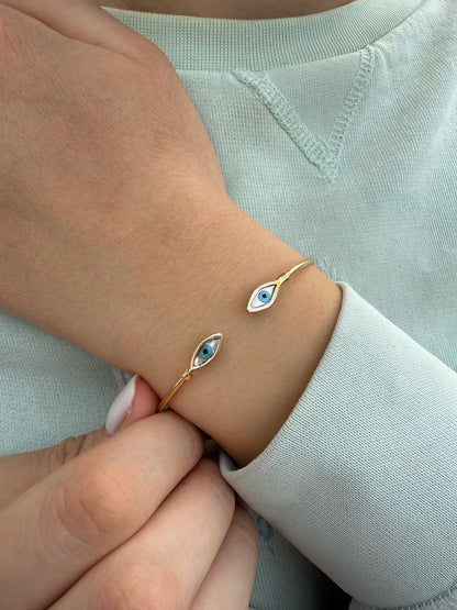 14K Gold Evil Eye Bracelet,Mother of Pearl Evil Eye,Lucky Bracelet,Blue Eye Bangle,Protective Gift for Everyday,Gold Gift for Mom & Her