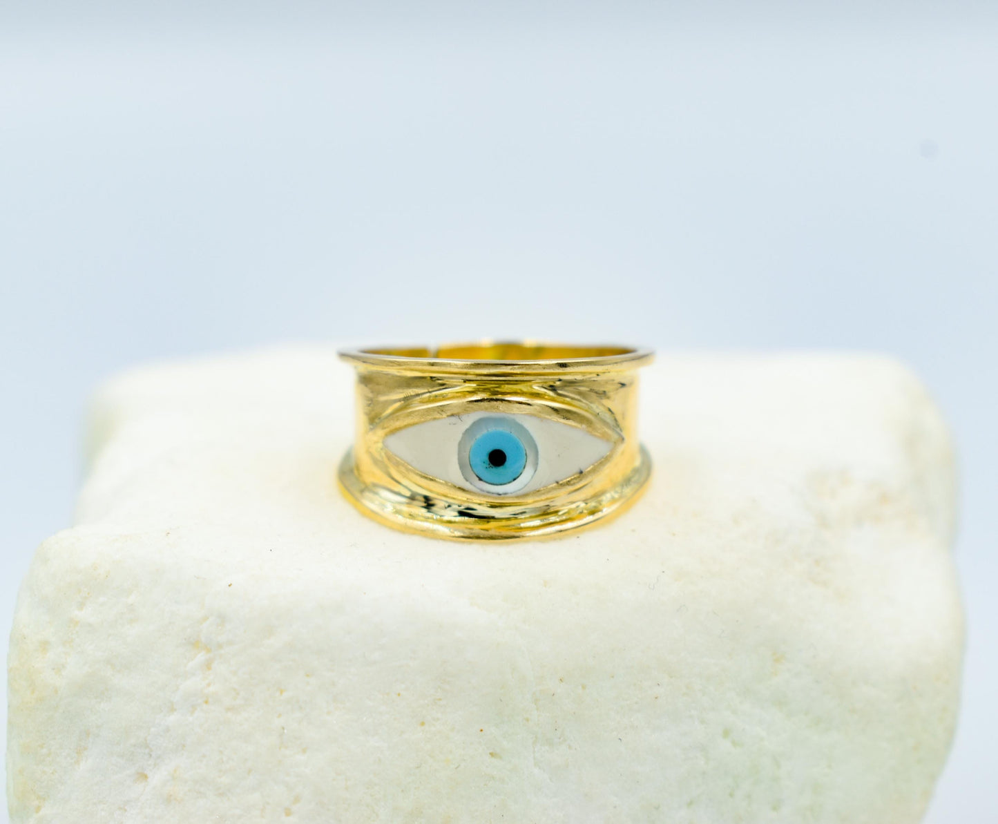 Χειροποίητο Δαχτυλίδι με Λευκό Σμάλτο Μάτι Κ14 - Αυξομειούμενο
