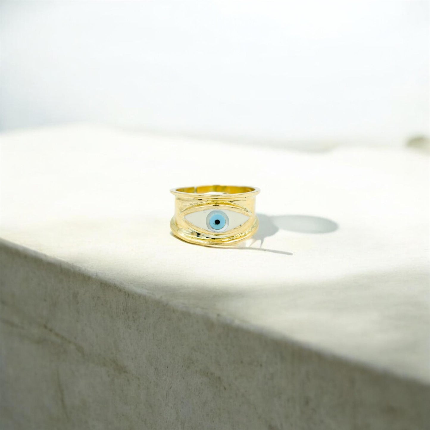 Χειροποίητο Δαχτυλίδι με Λευκό Σμάλτο Μάτι Κ14 - Αυξομειούμενο