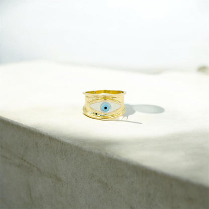Χειροποίητο Δαχτυλίδι με Λευκό Σμάλτο Μάτι Κ14 - Αυξομειούμενο
