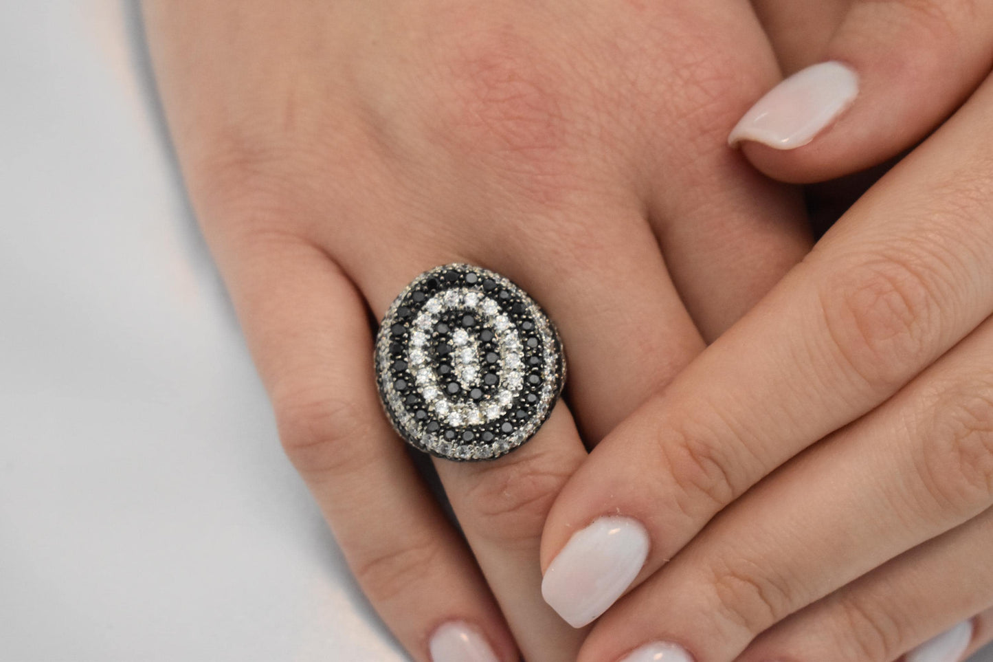 14K Solid White Gold Ring,White and Black Zircon,Wedding & Engagement Ring,Statement Ring,Ring for Mom and Her