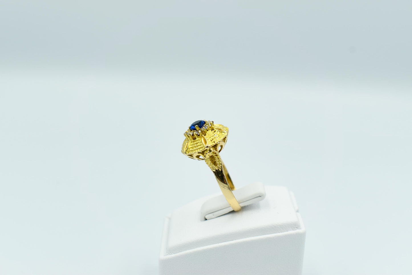 14K Solid Gold Ring with Blue and White Zirccon Accents,Circular Pyramid Style,Handcrafted Jewelry,Luxury Accessories,Exclusive Greek Ring