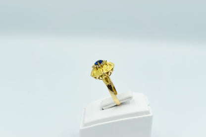 14K Solid Gold Ring with Blue and White Zirccon Accents,Circular Pyramid Style,Handcrafted Jewelry,Luxury Accessories,Exclusive Greek Ring