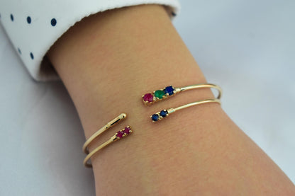 14K Gold Bracelet with Natural Ruby-Emerald-Sapphire,Dainty Cuff Bangle,Perfect Gift for Her,Minimalist Bracelet,Wedding & Engagement Jewel