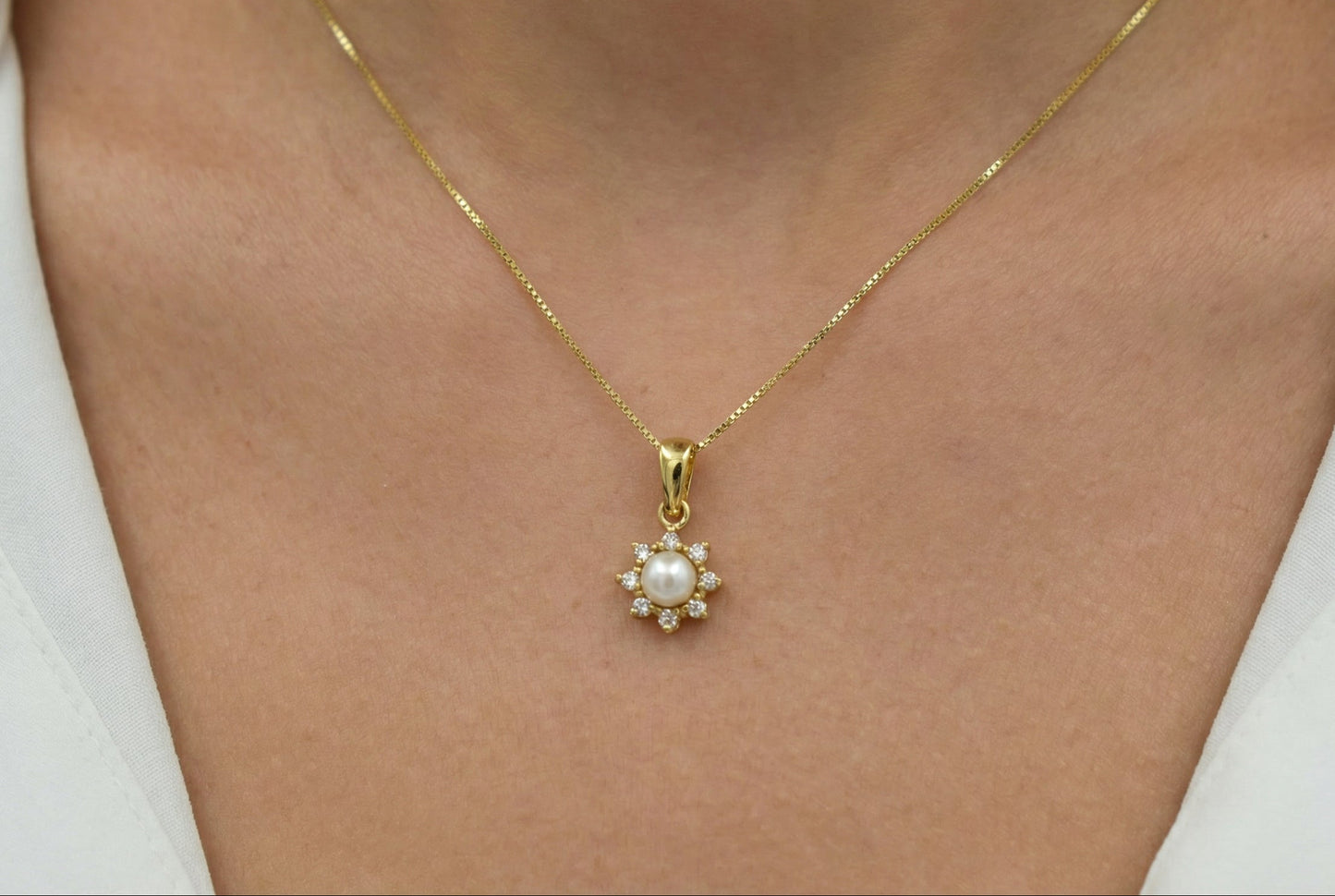 Κολιέ Λουλούδι με Μαργαριτάρι & Λευκά Zircon K14